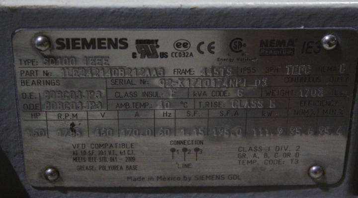 150HP 1785RPM - SIEMENS 1LE24214DB212AA3 NSNB - 445TS TEFC 460 S - Click Image to Close