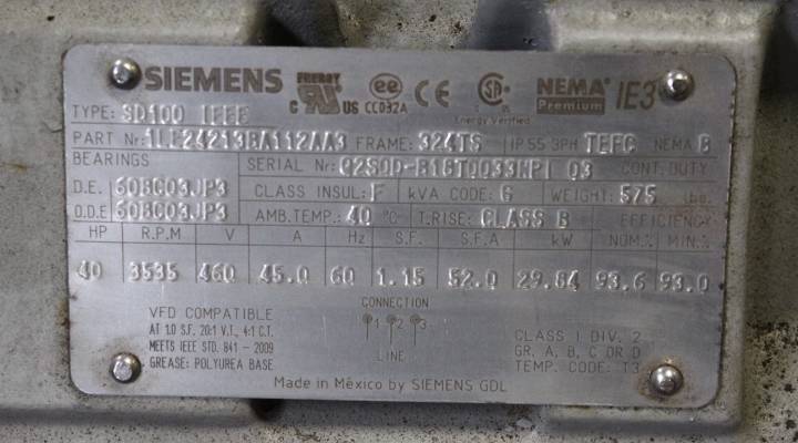 40HP 3535RPM - SIEMENS 1LE24213AB112AA3 NSNB - 324TS TEFC 460 SE - Click Image to Close
