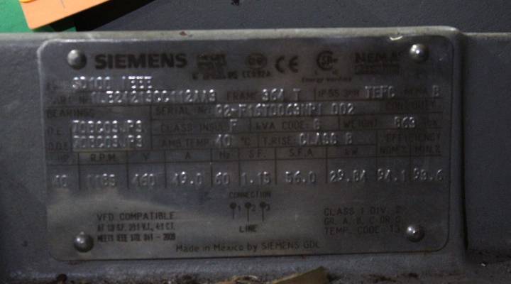 40HP 1185RPM - SIEMENS 1LE24213CC112AA3 NSNB - 364T TEFC 460 SEV - Click Image to Close