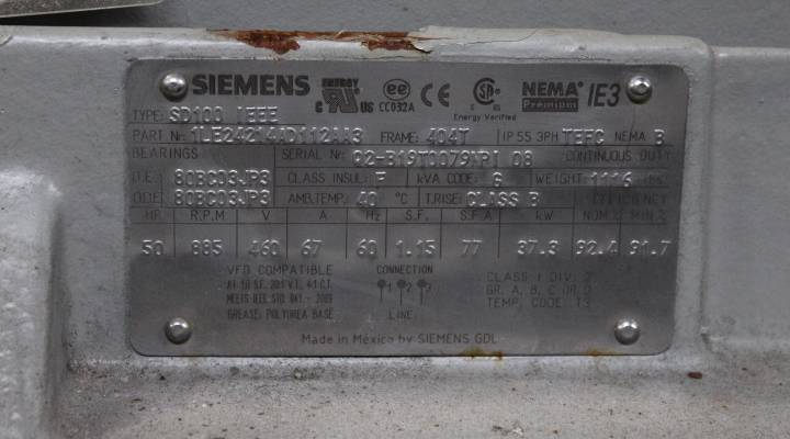 50HP 885RPM - SIEMENS 1LE24214AD112AA3 NSNB - 404T TEFC 460 SEVE - Click Image to Close