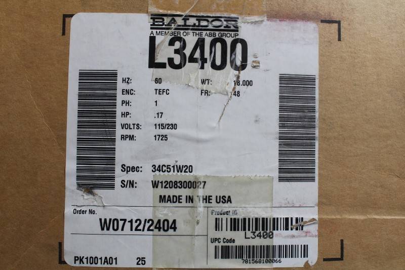 BALDOR .17HP,1725RPM,1PH,60HZ,48,3408L,TEFC,F1 L3400 NSFB
