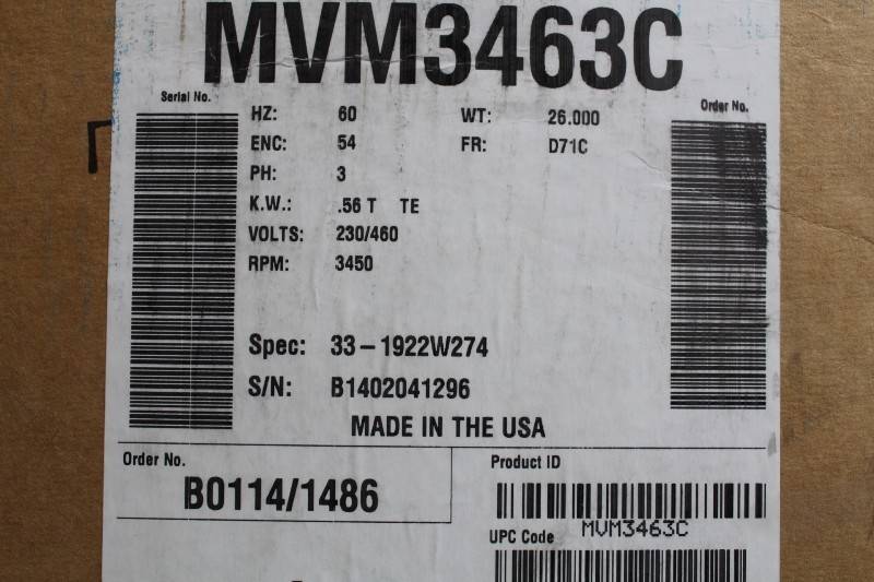 BALDOR .56KW,3450RPM,3PH,60HZ,D71C,3328M,TEFC MVM3463C NSFB